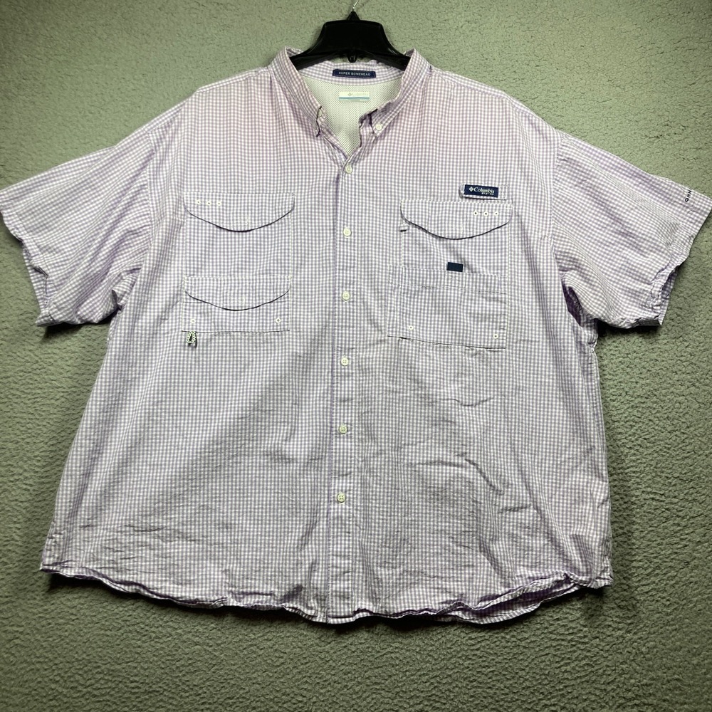 Columbia Shirt Super Bonehead PFG Men 4X Purple Gingham Vented Fishing Shirt